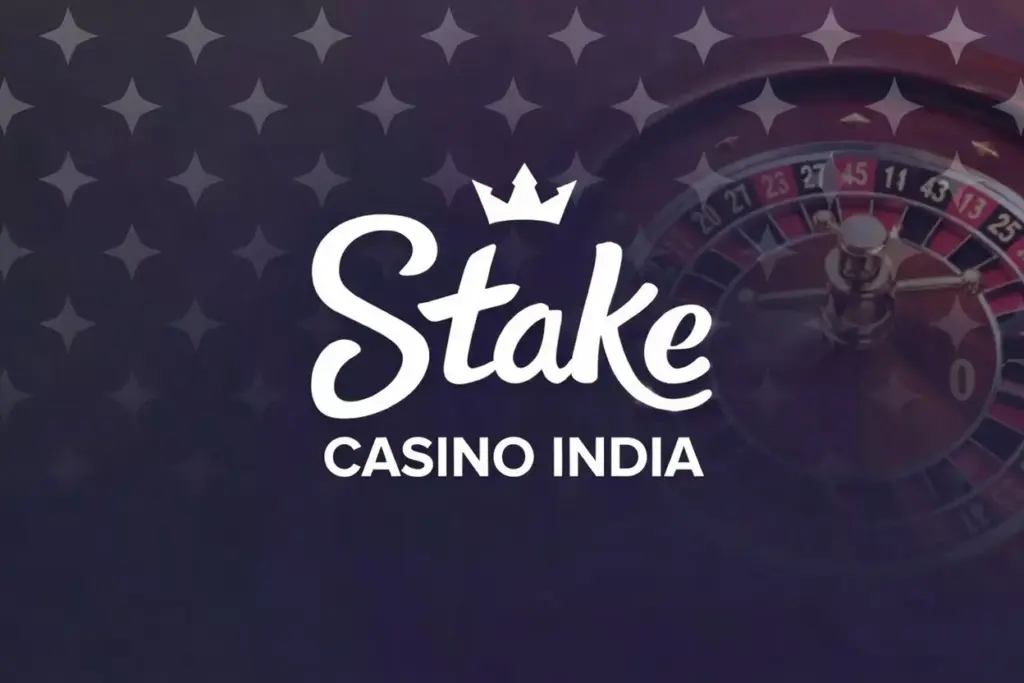 Stake Casino India welcome offer advertisement showing the 'Stake' logo with crown on a dark gradient background, roulette wheel visible below, and bold promotional text: 'WELCOME BONUS | CASINO BONUS 500% UP TO ₹20,000' in white and green, surrounded by subtle star sparkles emphasizing the generous bonus